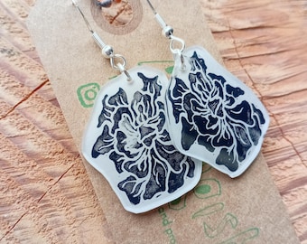 Foliose Lichen Lino Print Dangle Earrings – Sterling Silver Woodland Jewellery