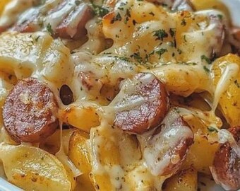 Puede incluir: Un plato de rodajas de patatas asadas y trozos de salchicha dorada cubiertos con queso blanco fundido. Los ingredientes están mezclados y espolvoreados con hierbas verdes, creando una apariencia texturizada y sabrosa.