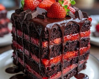 Puede incluir: Un pastel de chocolate cuadrado con múltiples capas de bizcocho oscuro y fresas rojas en rodajas. La parte superior está cubierta con un espeso glaseado de ganache de chocolate que gotea por los lados, decorado con fresas frescas y trozos.
