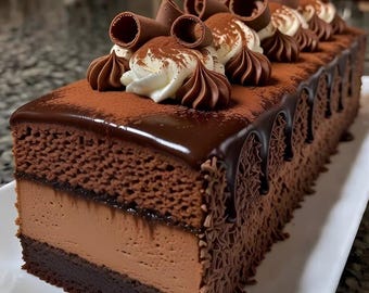 Puede incluir: Un pastel de chocolate rectangular con varias capas, que incluye una base de chocolate negro, una capa de mousse marrón claro y una parte superior de bizcocho de chocolate. El pastel está cubierto con ganache de chocolate, crema batida, cacao en polvo y rizos de chocolate. Se encuentra sobre un plato blanco.