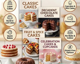 Puede incluir: Una variedad de pasteles y cupcakes, incluyendo pasteles en capas, pasteles Bundt y cheesecakes, se exhiben en soportes blancos para pasteles. La imagen presenta el texto "2400+ RECETAS DE PASTEL IRRESISTIBLES" y varias categorías de recetas de pasteles.