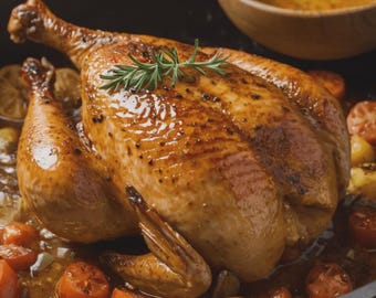 Puede incluir: Un pollo entero asado con piel dorada, adornado con una rama de romero verde fresco encima. El pollo está rodeado de tomates cherry rojos cortados por la mitad y rodajas de limón amarillo en una sartén oscura con jugos de cocción.