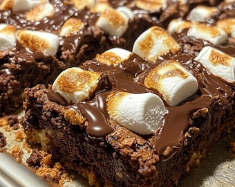 Puede incluir: Una bandeja de brownies de chocolate rectangulares cubiertos con una capa gruesa de ganache de chocolate negro derretido y malvaviscos blancos tostados. Los brownies tienen una superficie texturizada y quebradiza, dispuestos en filas.