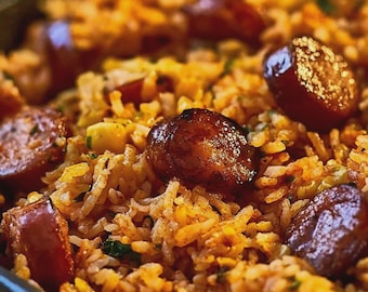 Puede incluir: Una vista de cerca de una sartén llena de arroz frito dorado mezclado con trozos pequeños de maíz amarillo y hierbas verdes, cubierta con varias rodajas gruesas de salchicha de color marrón oscuro con una textura superficial brillante.