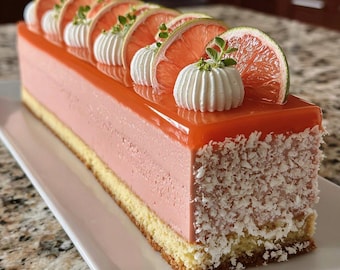 Puede incluir: Un pastel rectangular en capas con una base de bizcocho amarillo claro, un centro de mousse rosa suave y una cobertura de glaseado naranja brillante. El pastel está decorado con copetes de nata blanca, rodajas de pomelo y coco rallado.
