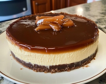 Puede incluir: Una tarta de queso redonda con una base de migas de color marrón oscuro, una capa gruesa de relleno color crema pálido y una cobertura de caramelo ámbar oscuro, lisa y brillante. El centro está decorado con trozos de caramelo sólido.