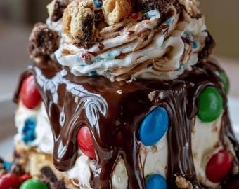 Puede incluir: Un postre decadente con una base cubierta de glaseado blanco, rematado con un generoso remolino de nata montada, salsa de chocolate y trozos de galleta. Los lados están decorados con coloridos chocolates recubiertos de caramelo rojo, azul y verde.
