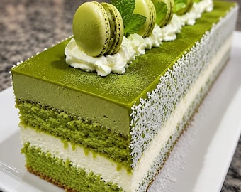 Puede incluir: Un pastel de matcha rectangular con capas de bizcocho verde y crema blanca, cubierto con macarons verdes, crema batida y hojas de menta. El pastel está espolvoreado con polvo verde y decorado con copos blancos, presentado en un plato blanco.