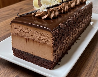 Puede incluir: Un pastel de chocolate rectangular con varias capas, cubierto con un glaseado de chocolate brillante. El pastel está decorado con virutas de chocolate, remolinos de crema batida, vainas de vainilla y acentos de flores blancas. Se presenta en un plato blanco.