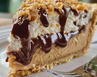 Puede incluir: Una porción de tarta de mantequilla de cacahuete en un plato blanco con un tenedor de plata. La tarta tiene una base dorada, un relleno suave de color tostado, una capa de nata montada, sirope de chocolate oscuro y cacahuetes troceados.