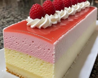 Puede incluir: Un postre en capas sobre un plato blanco. El pastel tiene una base amarilla clara, una capa intermedia rosa y una cobertura de glaseado rojo. Está decorado con crema batida y frambuesas rojas frescas.
