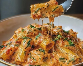 Puede incluir: Un cuenco de pasta rigatoni cubierta con una cremosa salsa de tomate naranja con hilos de queso fundido que se estiran desde un tenedor. El plato está adornado con hierbas verdes picadas y servido en un cuenco blanco con borde dorado.