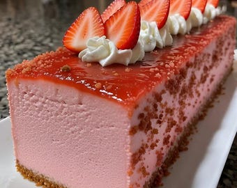 Puede incluir: Una tarta de queso rectangular con fresas sobre un plato blanco. La tarta tiene un relleno rosa, un glaseado rojo y está cubierta con fresas en rodajas y crema batida. La corteza es de color marrón dorado y la tarta está adornada con migas.