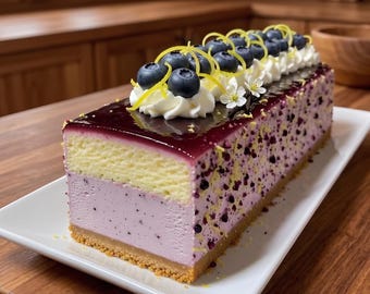 Puede incluir: Un pastel de queso rectangular de arándanos en un plato blanco. El pastel tiene una base de galleta, una capa morada clara, una capa amarilla y un glaseado morado oscuro. Está cubierto con crema batida, arándanos frescos y ralladura de limón.