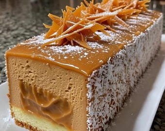 Puede incluir: Un pastel rectangular de mousse de caramelo con base de bizcocho ligero, glaseado de caramelo suave y laterales de coco rallado. La parte superior está decorada con trozos de caramelo en forma de estrella y azúcar glas en un plato blanco.