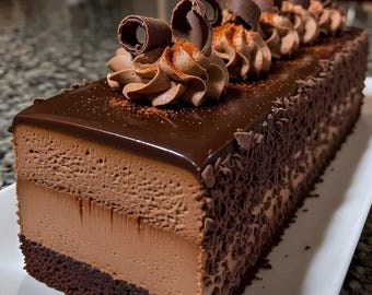 Puede incluir: Un pastel rectangular de mousse de chocolate con una base de chocolate oscuro, dos capas distintas de mousse suave y aireada, y una cobertura de ganache brillante. Está decorado con remolinos de crema y rizos de chocolate.