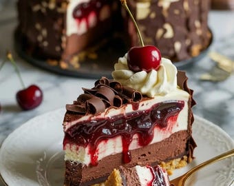 Puede incluir: Una porción de tarta Selva Negra en un plato blanco con una cuchara dorada. El pastel presenta capas de mousse de chocolate negro, crema blanca y un glaseado de cereza rojo brillante, decorado con virutas de chocolate y una cereza fresca.
