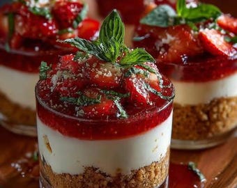 Puede incluir: Tres postres individuales servidos en vasos de cristal transparente. Cada dulce en capas presenta una base de galleta desmenuzada de color marrón dorado, una capa gruesa de crema blanca suave y fresas rojas cubiertas con hojas de menta verde.