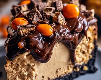 Puede incluir: Una porción de tarta de queso con mantequilla de cacahuete y base de galleta de chocolate negro. La parte superior está cubierta con una capa de ganache de chocolate, trozos de chocolate y caramelos naranjas, con un relleno beige liso.