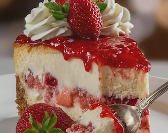Puede incluir: Una porción de tarta de queso con fresas en un plato blanco con una cuchara de plata levantando un bocado. La tarta tiene una base de galleta, relleno cremoso blanco con trozos de fresa, cobertura roja de fresa, nata montada y menta.