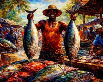 Zanzibar Fish Market Oil Painting: Golden Sunset, Impasto Texture