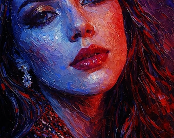 Knife-Painted Oil Portrait: Woman with Red Lips & Drop Earrings