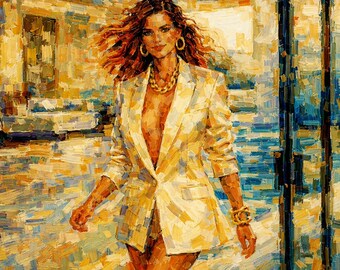 Textured Impasto Oil Painting: Modern Woman in White Blazer