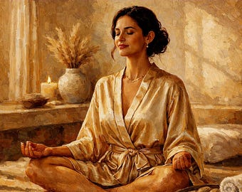 Mindfulness Impasto Oil Painting: Woman Meditating in Champagne Robe