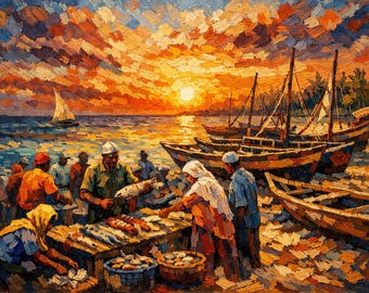 Zanzibar Fish Market Oil Painting: Impasto Sunset Seascape