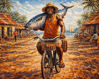 Coastal Fisherman Impasto Painting: Tropical Village Art