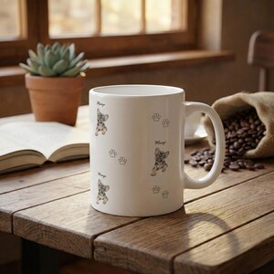 Pode incluir: Caneca de cerâmica branca com um padrão repetido de um filhote de buldogue francês e pegadas. O filhote é em tons de cinza, preto e bege. A caneca tem o nome "Mungo". Um presente charmoso para os amantes de cães.