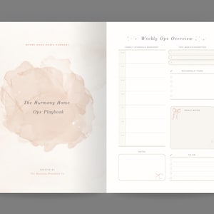 May include: Open layout of a planner titled "The Harmony Home Ops Playbook." The left page features the title and a watercolor-style design. The right page is a weekly overview with sections for family schedule, priorities, tasks, notes, and to-do lists.