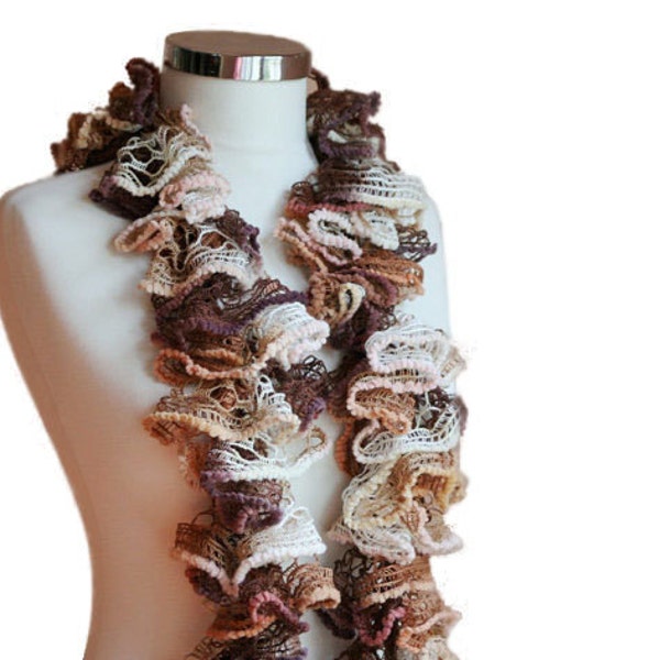 Ruffled Lacy Scarf in Shades of Brown and White - Ruffle Spring Fashion - Women and Teens Accessories