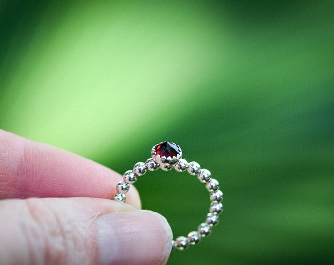 Garnet Stacking Ring/ Sterling Silver/ Beaded Stacking Ring