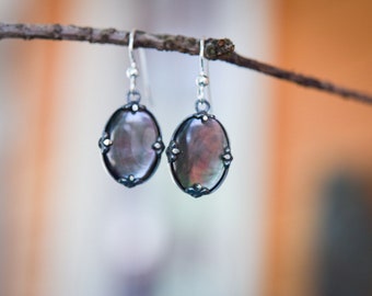Black Mother of Pearl Dangle Earrings/ Sterling Silver/ Mirror Mirror Earrings