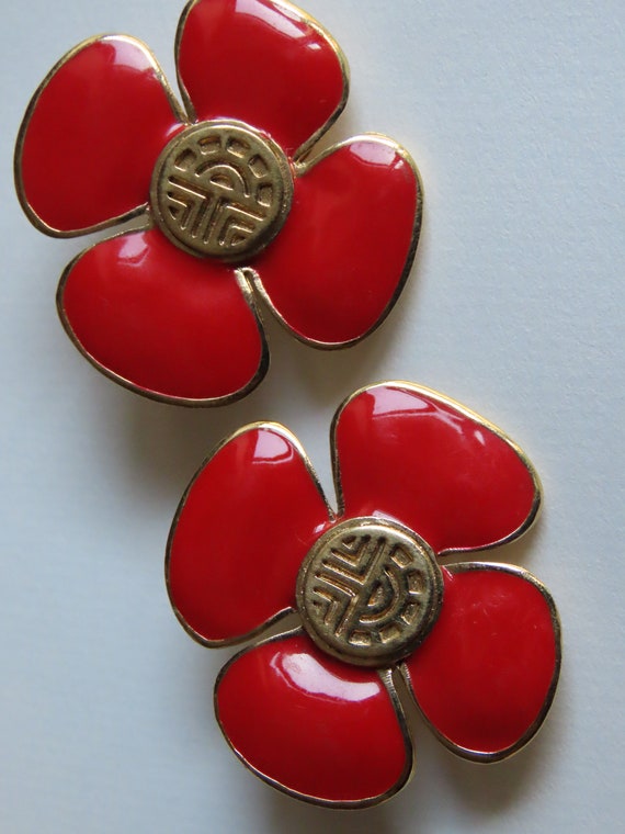 Louis Feraud Red Flower Earrings 