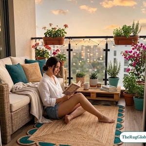 May include: A rectangular jute area rug with a scalloped teal border, placed on a balcony floor. The rug features a natural woven texture and a central rectangular pattern, providing a decorative foundation for an outdoor seating area.