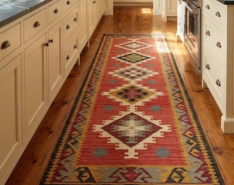 Kilim Runner Rug - Vintage Kilim Runner Rug, Handmade Long Runner Bohemian Hallway Rug, Wool Jute Kitchen Runner Hand Knotted Wool Rug