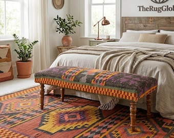 Wool Jute Kilim Bench-  Handmade Wooden Bench Boho Kilim Bench Seat, Rustic Ottoman Bench