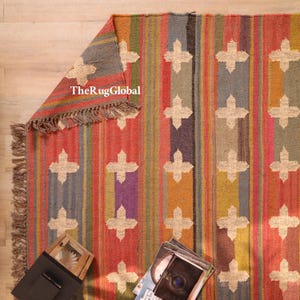 Custom Size Wool Jute Rug - Traditional Indian Dhurrie, Area Wool Jute Rug, Scandinavian Rug, Kitchen Decor Rug Wool Jute Runner Rug, Kilim