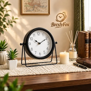 May include: A round black analog table clock with a white face, black numerals, and black hands, mounted on a black metal stand. The clock face features the text BrexlyFox with a clock icon above it. The clock is positioned on a textured runner.
