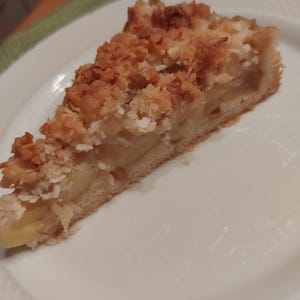 May include: A slice of apple crumble cake on a white plate. The cake features a golden-brown, crumbly topping over a layer of baked apples. The crust is a light brown color. The plate is on a green and orange surface.