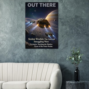 Op de afbeelding: Een ingelijste print met een ruimtescène. De afbeelding toont ruimteschepen, een asteroïde en planeten, met de tekst "OUT THERE". De tekst "Stolen Worlds: The Asteroid Smuggling Wars" is ook zichtbaar.