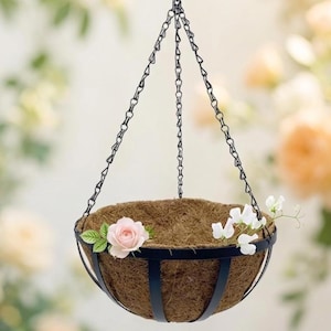 Black Metal Hanging Planter Basket Coco Liner Indoor Outdoor Patio Garden Decor