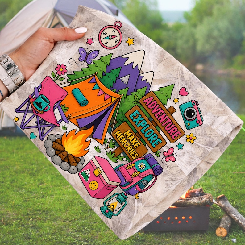 May include: A camping-themed design on a light-coloured fabric. The illustration includes a tent, campfire, mountains, and a sign that says "Adventure, Explore, Make Memories." Other elements include a compass, camera, and backpack.
