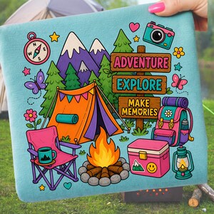 May include: A light blue camping-themed design with a tent, campfire, and backpack. The words "Adventure, Explore, Make Memories" are on wooden signs. Other elements include a compass, camera, and butterflies.