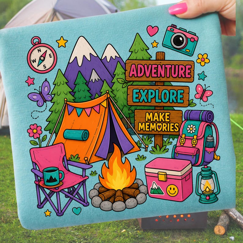 May include: A light blue camping-themed design with a tent, campfire, and backpack. The words "Adventure, Explore, Make Memories" are on wooden signs. Other elements include a compass, camera, and butterflies.