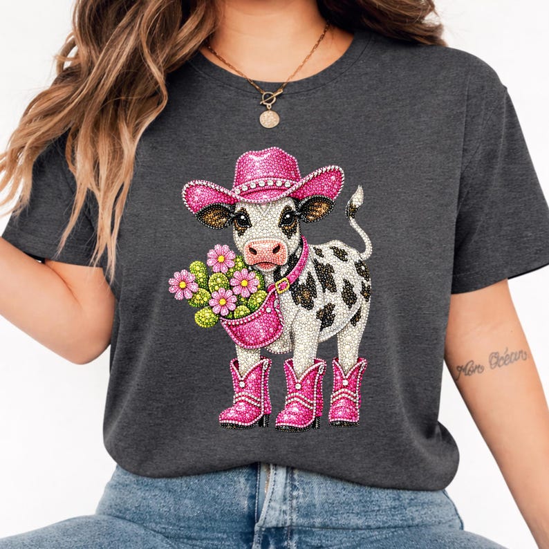 Op de afbeelding: Donkergrijs T-shirt met een strass koeienontwerp. De koe draagt een roze cowboyhoed en laarzen en draagt een roze handtas met roze en gele bloemen. De koe heeft zwart-witte vlekken.