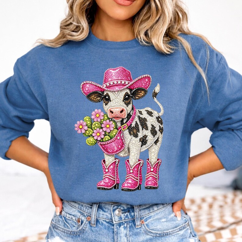 Op de afbeelding: Blauw sweatshirt met een strass koe-illustratie. De koe draagt een roze cowboyhoed en laarzen en draagt een roze tas met bloemen. De koe heeft zwart-witte vlekken. Het sweatshirt heeft een effen blauwe kleur.