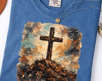 Rustiek kruis met verfstreken PNG, houten paaskruis met impasto-kunst, religieuze sublimatie in cowboystijl, T-shirtontwerp met schilderij van Jezus, Westers geloof